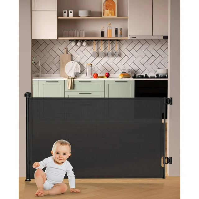 Retractable Baby Safety Gate, Mesh Pet Gate 33" Tall, Extends to 55" Wide, Black