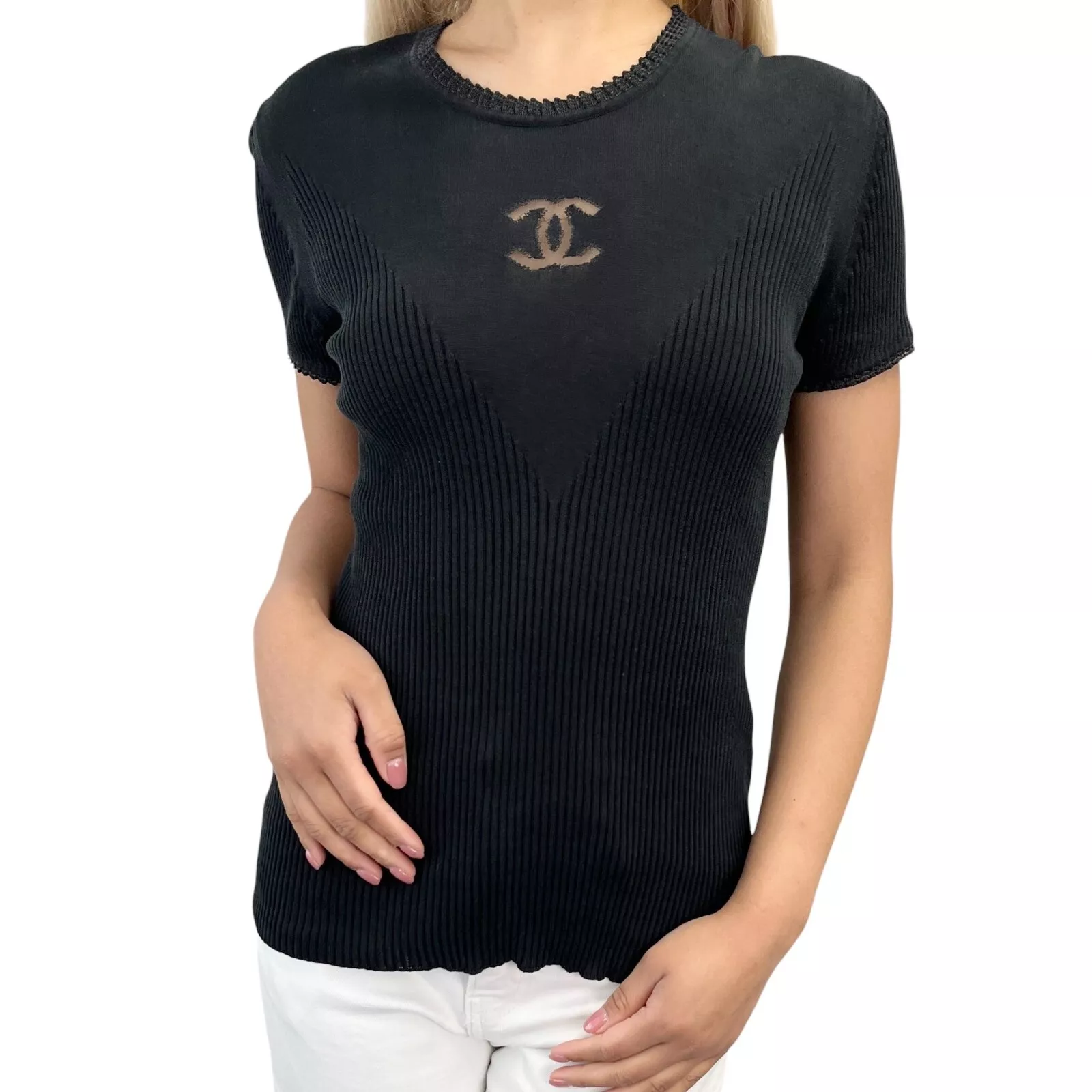 CHANEL Vintage P37824 CC Mark Logo See-through T-shirt Top #42 Black Cotton
