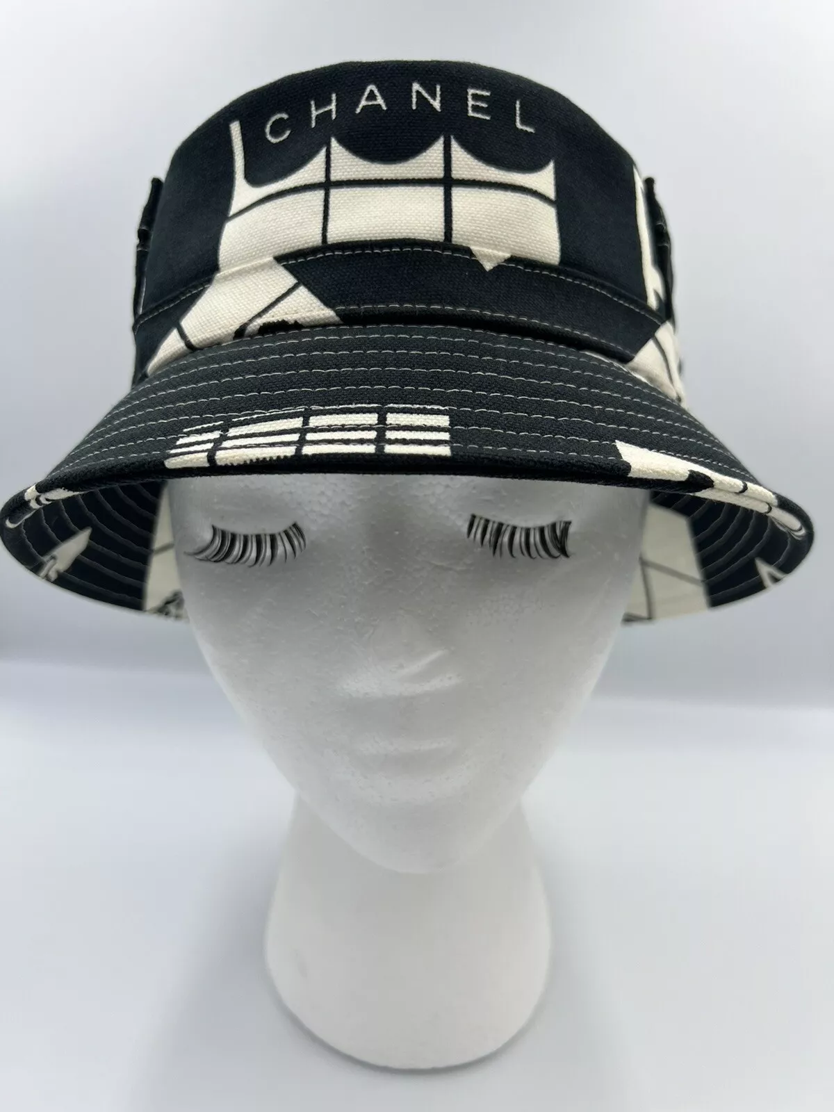 CHANEL Authentic Vintage Gabrielle Coco Window Print Black & White Bucket Hat