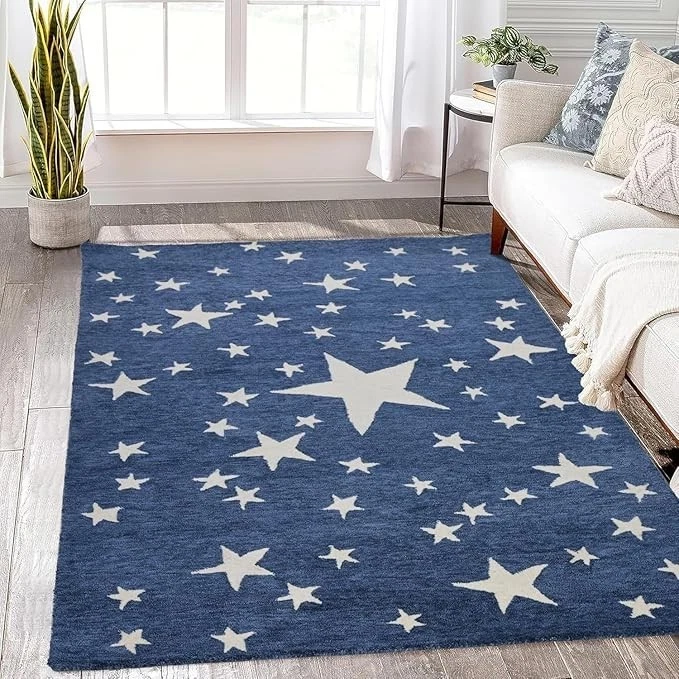 Star Pattern Kids Rug Hand-Tufted Navy Blue & White Wool Rug